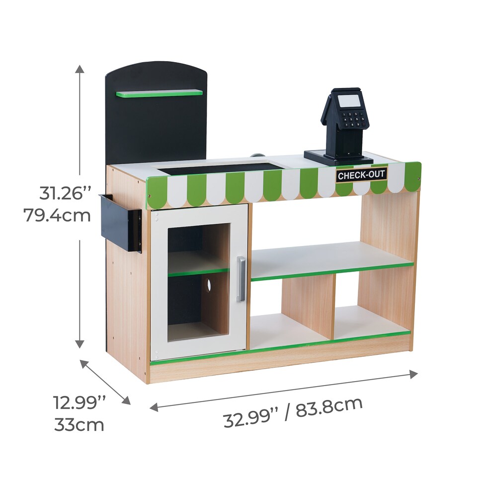 image 1 of Teamson Kids Cashier Interactive Play Checkout Counter Stand with 26 Accessories, Green/White