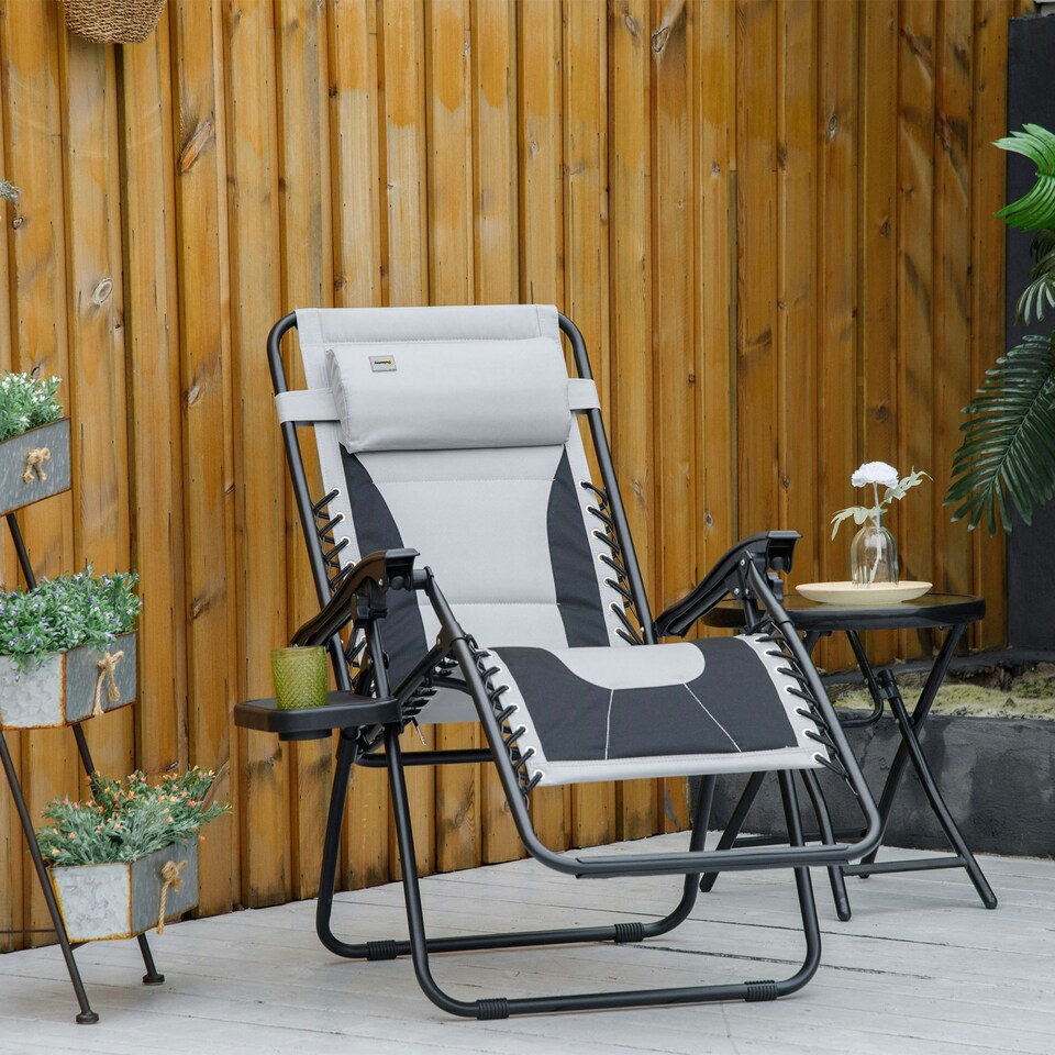 image 1 of Outsunny Zero Gravity Lounger Folding Recliner Chair w/ Cup Holder Grey