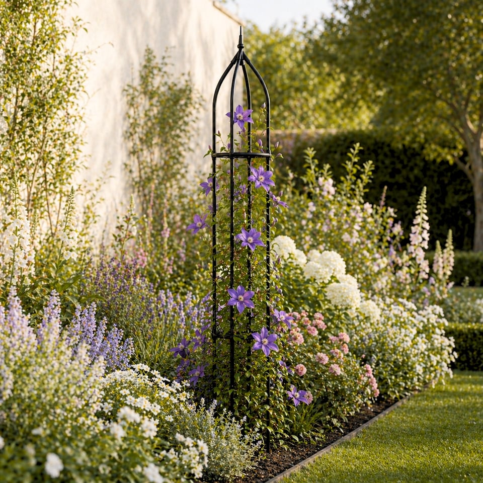 image 1 of Garden Obelisk for Climbing Plants 220cm 7ft - Metal Plant Cage Support Trellis Rose Tower for Flowers, Patio Pots, Shrub, Borders