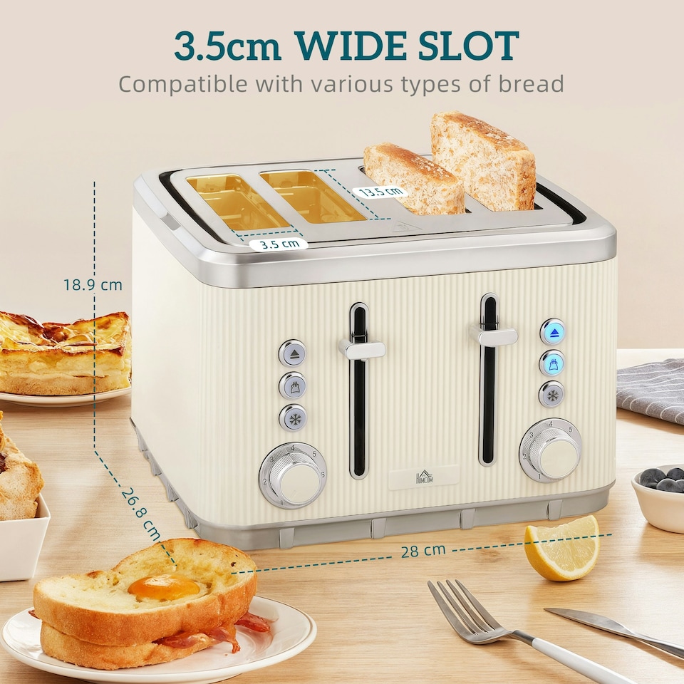 image 1 of HOMCOM 1.7L 3000W Rapid Boil Kettle and 4 Slice Toaster Set Crumb Tray Cream