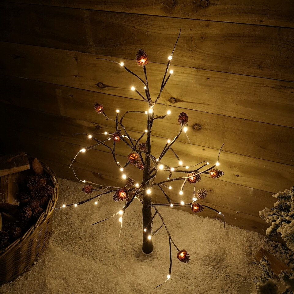 image 1 of 3ft Snowy Brown Twig Outdoor Christmas Tree with Pine Cones & 64 Warm White LEDs