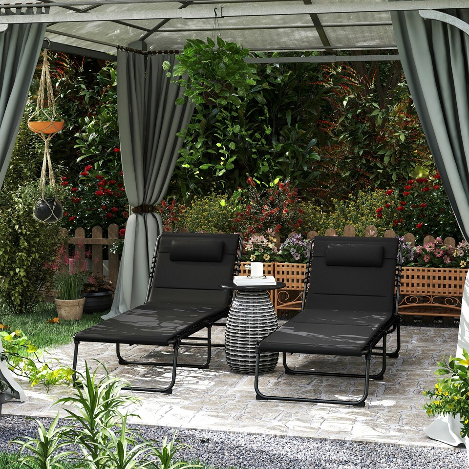 image 1 of Outsunny Folding Sun Loungers Set of 2, Reclining Sun Bed, Black