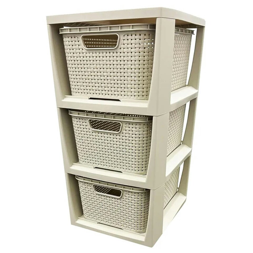 image 1 of 3 Drawer Large Spacious Rattan Effect Cream Home Office Modular Storage Tower Unit Cream