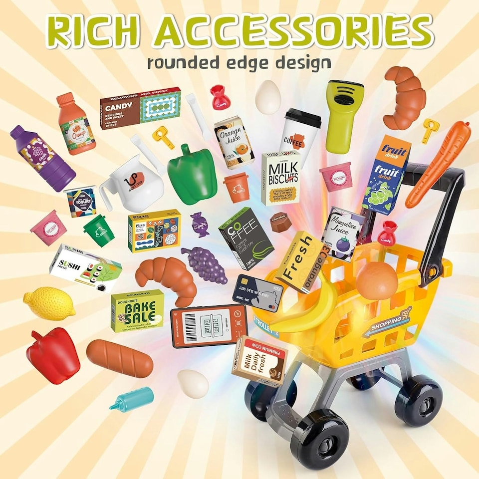 image 1 of 65PCS Supermarket Cart Toys Play Set with Cash Register Scanner Play Food Light Music and Smoke Effects