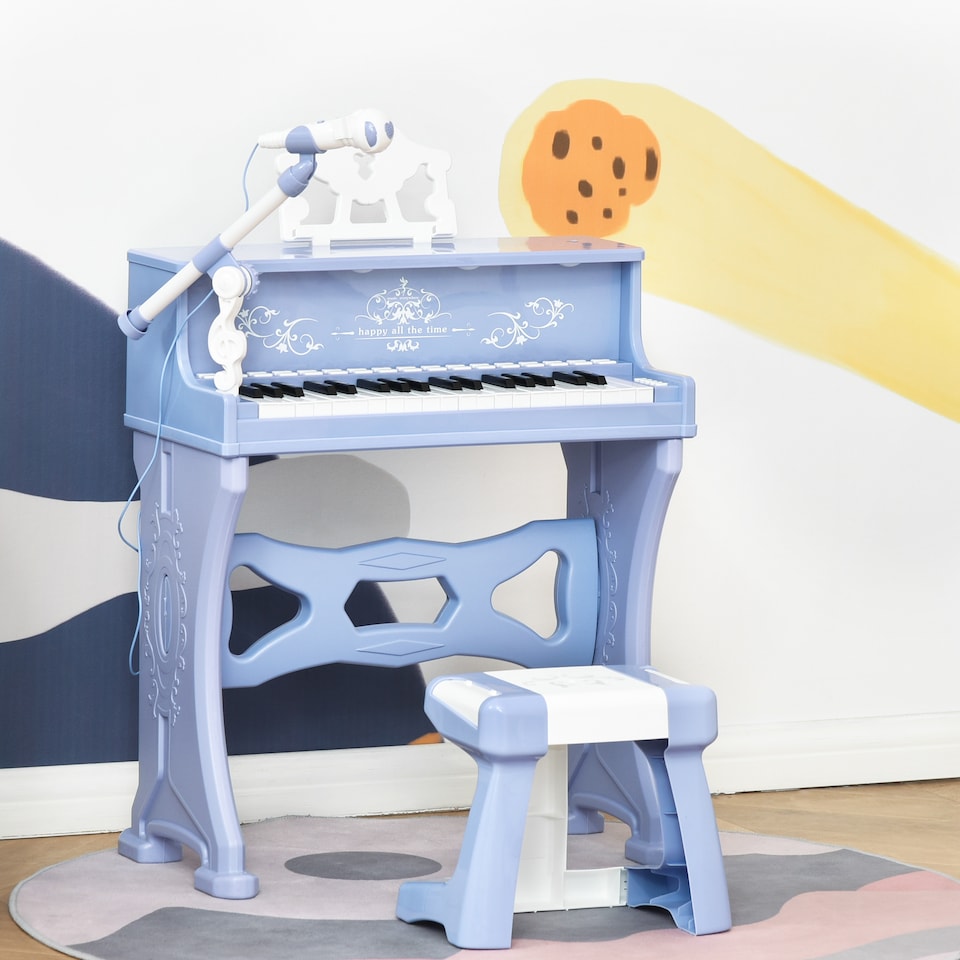 image 1 of HOMCOM 37 Keys Kids Piano Mini Electronic Keyboard Light Kids Musical Instrument Educational Game Children Grand Piano Toy Set with Stool and Microphone & Music Stand (Blue)