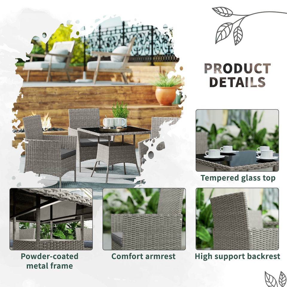 image 1 of Outsunny Rattan Outdoor Dining Table and Chairs for 4, Light Grey