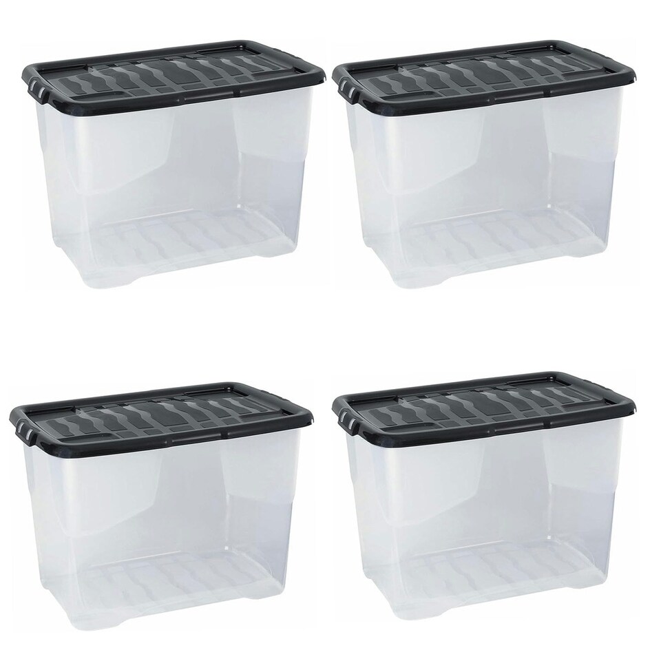 image 1 of 2 x 100 Litres Clear Transparent Base Curve Storage Containers With Black Lids For Home & Office Clear