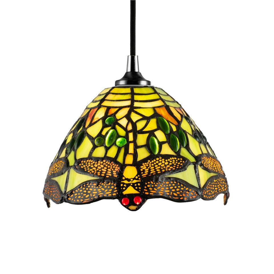 image 1 of Dragonfly Themed Green Stained Glass Tiffany Pendant Lighting Shade with Beads