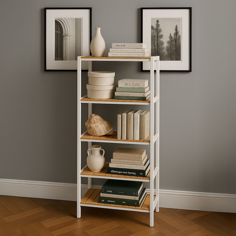image 1 of Neo 5 Tier Bamboo Storage Shelf Shelves Rack Adjustable | Brown | Natural Wood / White
