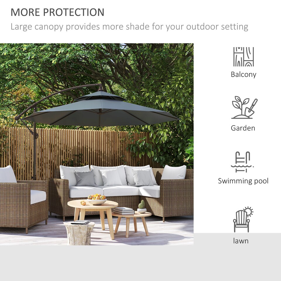 image 1 of Outsunny 2.7m Garden Banana Parasol Cantilever Umbrella with Crank Handle, Double Tier Canopy and Cross Base for Outdoor, Hanging Sun Shade, Dark Grey