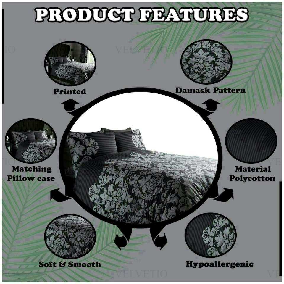image 1 of VELVETIO Empire Damask Printed Duvet Cover Set Reversible Polycotton Beddings Cream | Double