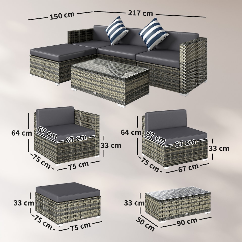 image 1 of Outsunny 5 Piece Rattan Garden Furniture Set, Outdoor Corner Sofa with 67 cm Wide & Deep Seat, Sectional Outdoor Furniture Conversation Set with Cushions, Glass Top Coffee Table for Patio, Mixed Grey