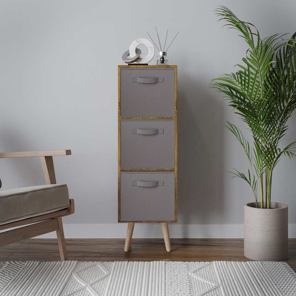 image 1 of Rustic Brown 3-Tier 3-Drawer Cube Shelving Unit with Scandinavian Legs