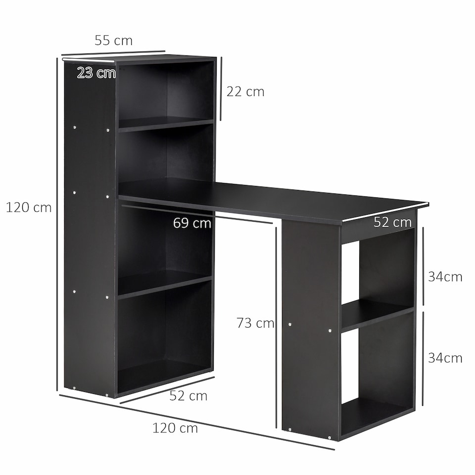 image 1 of HOMCOM 120cm Computer Desk Bookshelf Writing Table 6 Shelves Black
