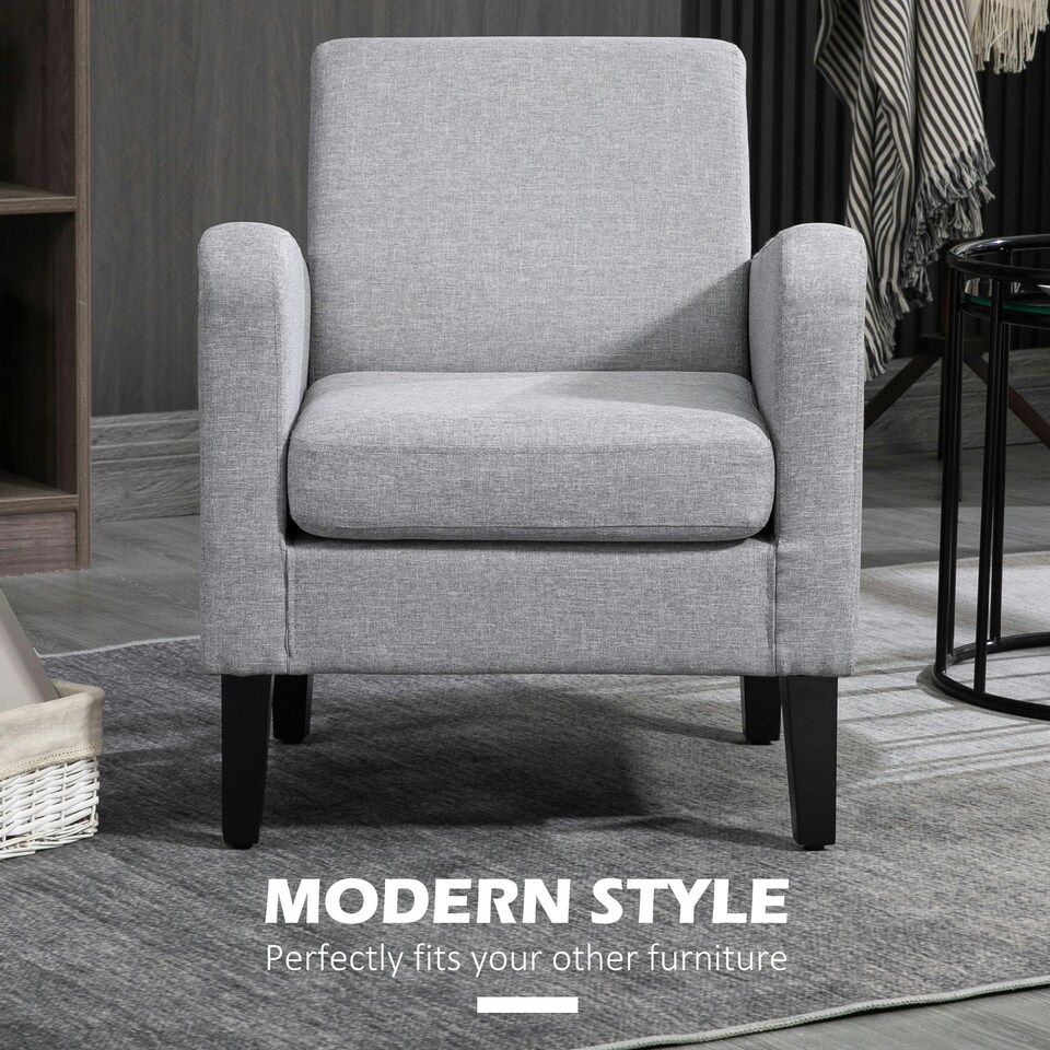 image 1 of HOMCOM Modern Armchair Accent Chair with Rubber Wood Legs for Bedroom Light Grey