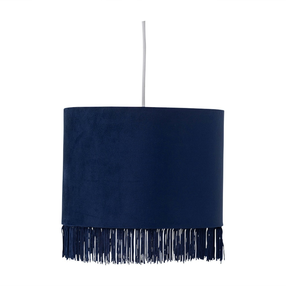image 1 of First Choice Lighting Set of 2 Tassel Navy Blue Velvet with Chrome Inner Easy Fit 25cm Pendant Shades Blue | Chrome
