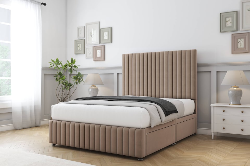 image 1 of Sloomy Madison Mink Plush Divan Bed Base 2 Drawers Left Side With 54 Inch Floor Standing Headboard & 12 Inch Matching Footboard | Brown | Mink | Double | 1