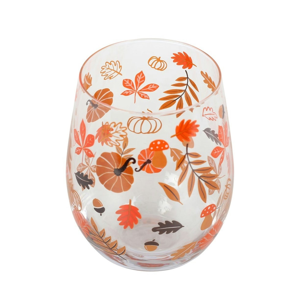image 1 of Something Different Autumn Leaves And Pumpkins Stemless Wine Glass - Orange/Red - One Size