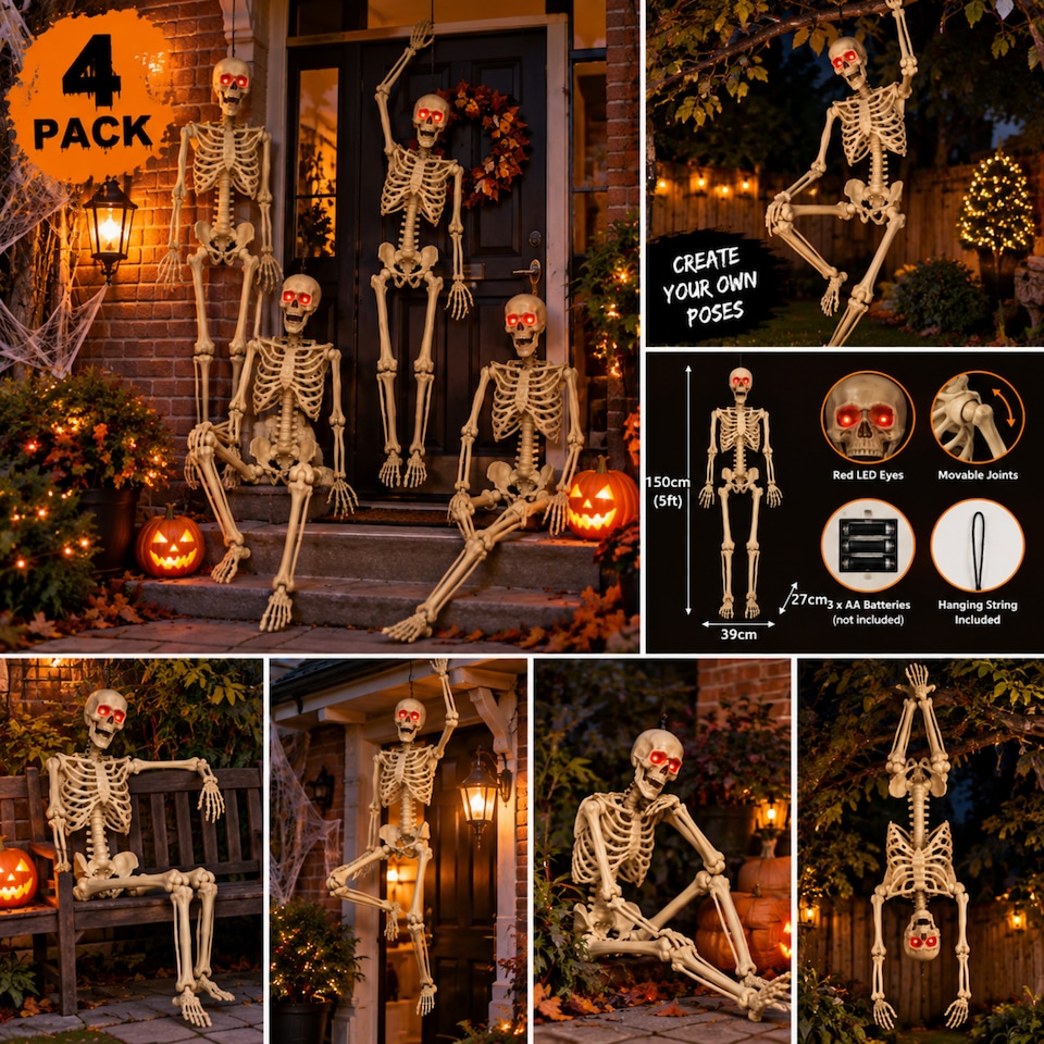 image 1 of Pack of 4 5ft (150cm) Posable Full Body Halloween LED Skeleton Decoration with Movable Joints and LED Eyes