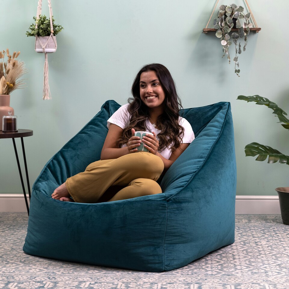 image 1 of icon Natalia Velvet Adults Bean Bag Armchair and Pouffe, Ready Filled Large Beanbag and Footstool Teal Green