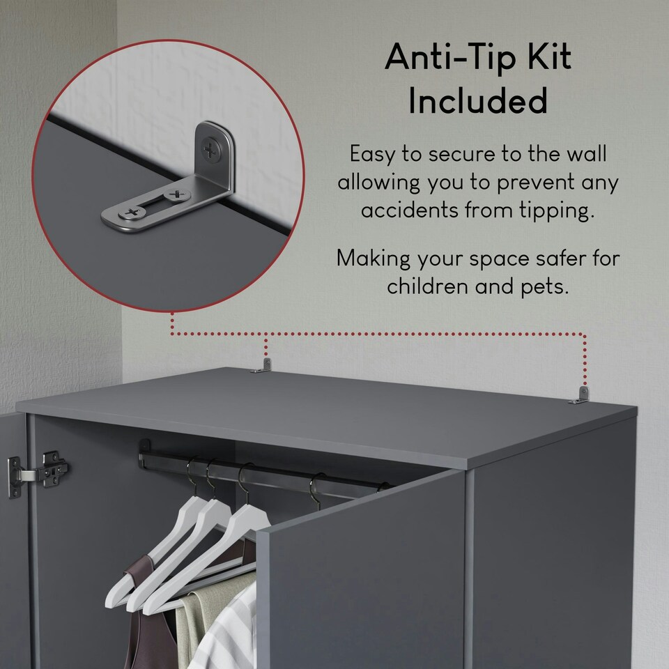 image 1 of Vida Designs Riano 2 Door 2 Drawer Wardrobe With Shelf & Clothes Rail, Grey