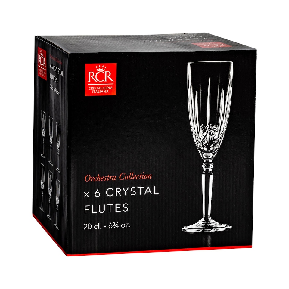 image 1 of RCR Crystal Orchestra Cut Glass Champagne Flutes Glasses Set - 200ml - Pack of 6