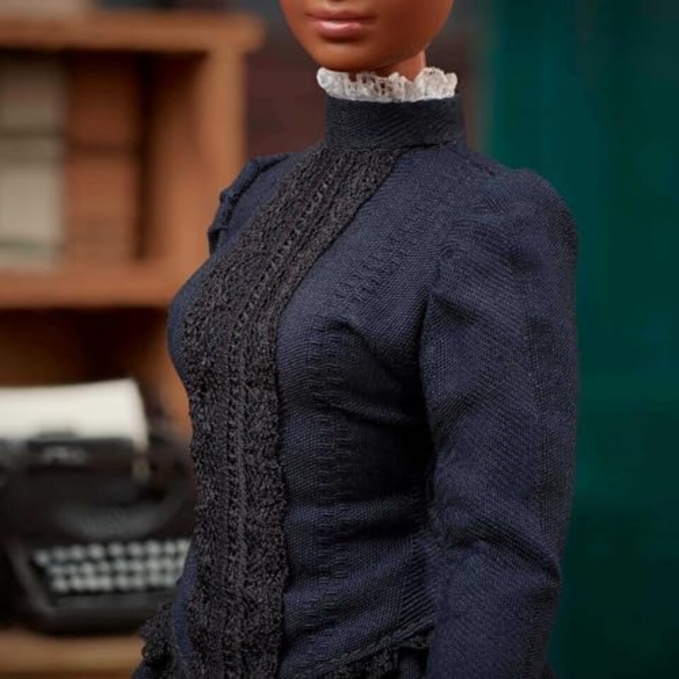 image 1 of Barbie Inspiring Women Doll, Ida B. Wells Collectible with Blue Dress Newspaper
