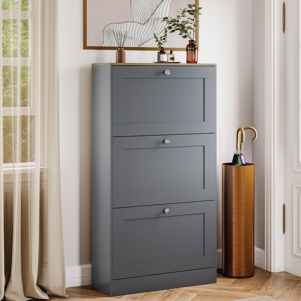 image 1 of Vida Designs 3 Drawer Hallway Shoe Storage Cabinet Unit Compact Design - Grey & Oak