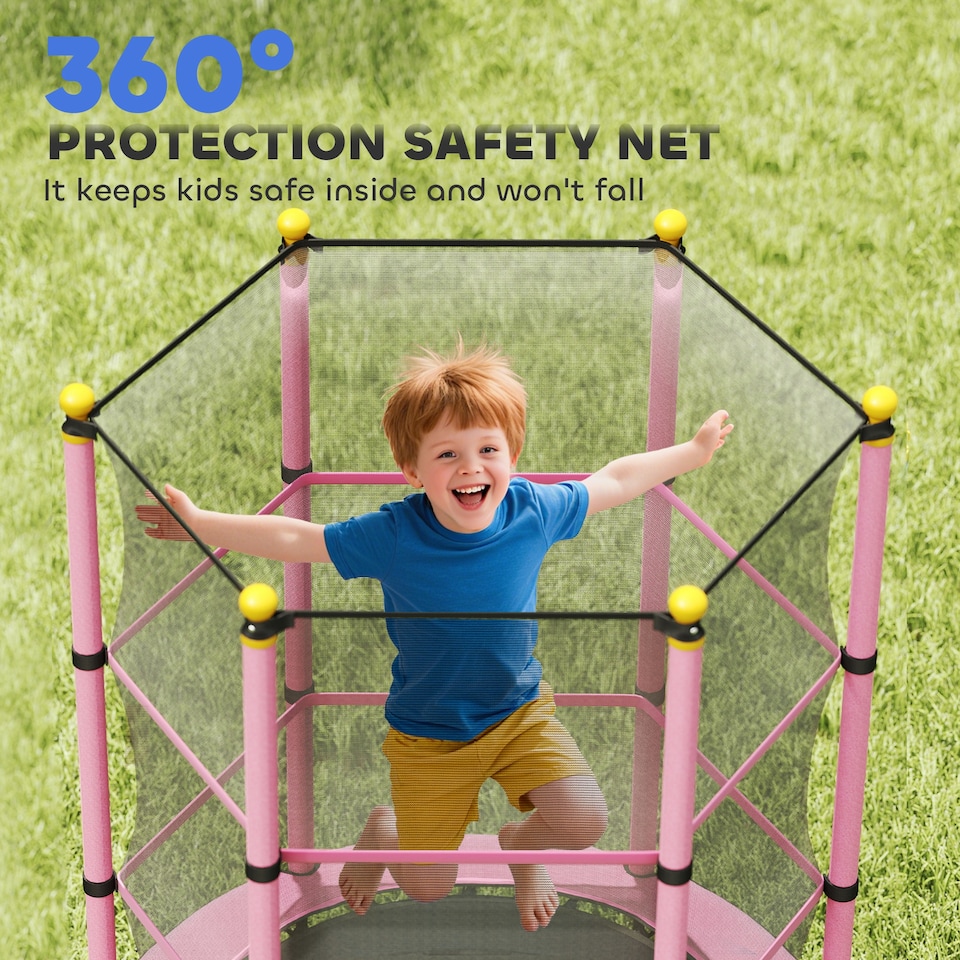 image 1 of HOMCOM 4.6FT Kids Trampoline with Enclosure Net for Ages 3-10 Years, Pink