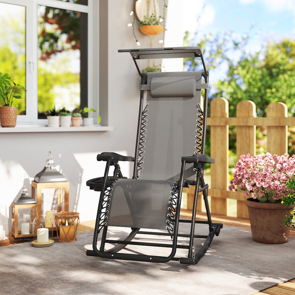 image 1 of Outsunny Garden Rocking Chair Folding Recliner Outdoor Adjustable Sun Lounger Rocker Zero-Gravity Seat with Headrest Side Holder Patio Deck - Grey