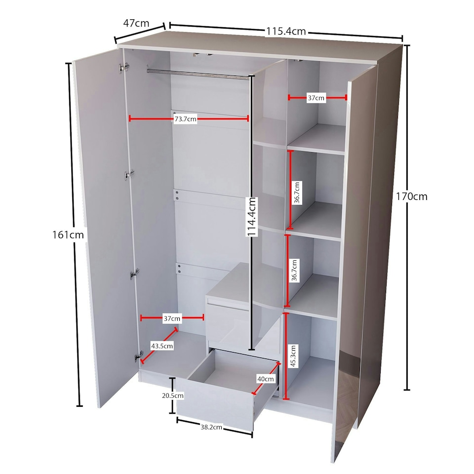 image 1 of Vida Designs Glinton 3 Door 2 Drawer Wardrobe High Gloss Doors With Shelf & Clothes Rail, 100% FSC, White