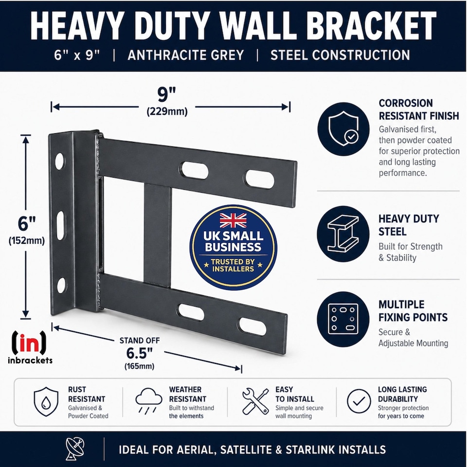 image 1 of Inbrackets 6" x 9" Heavy Duty Wall Bracket Anthracite Grey for Starlink, TV Aerial and Satellite Mast