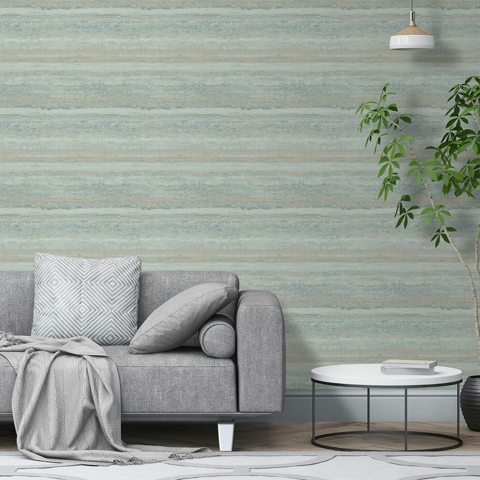 image 1 of World of Wallpaper Strata Marble Effect Wallpaper - Sage Green/Gold - 10.5m x 53cm | Green