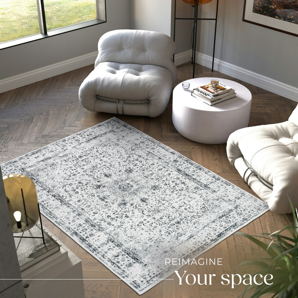 image 1 of Washable Rug Aliya - different sizes, oriental pattern, non-slip underside, non-allergenic short pile Grey | 170 x 120 cm