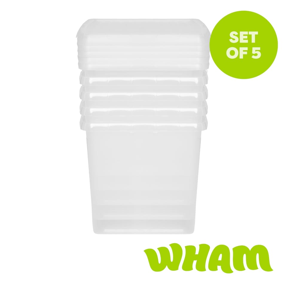 image 1 of Wham Clip 5x 14L Square Plastic Storage Boxes with Clip Lock Lids. Ideal for Home, Office, Toys & More - Clear/Clear | Clear | 5