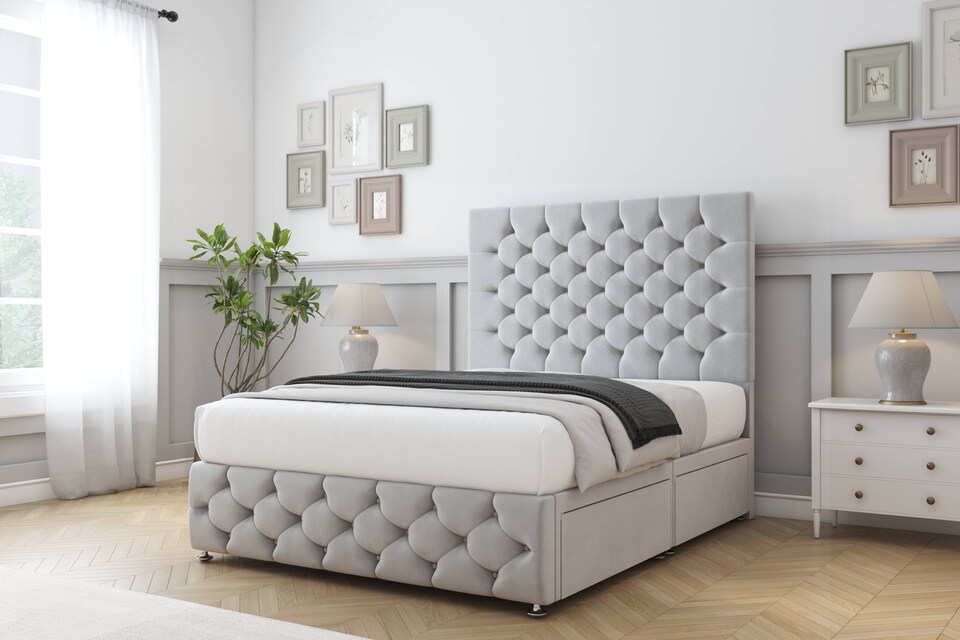 image 1 of Sloomy Watson Silver Plush Divan Bed Base 2 Drawers Left Side With 26 Inch Strutted Headboard & 12 Inch Matching Footboard | Silver | Silver | King | 1