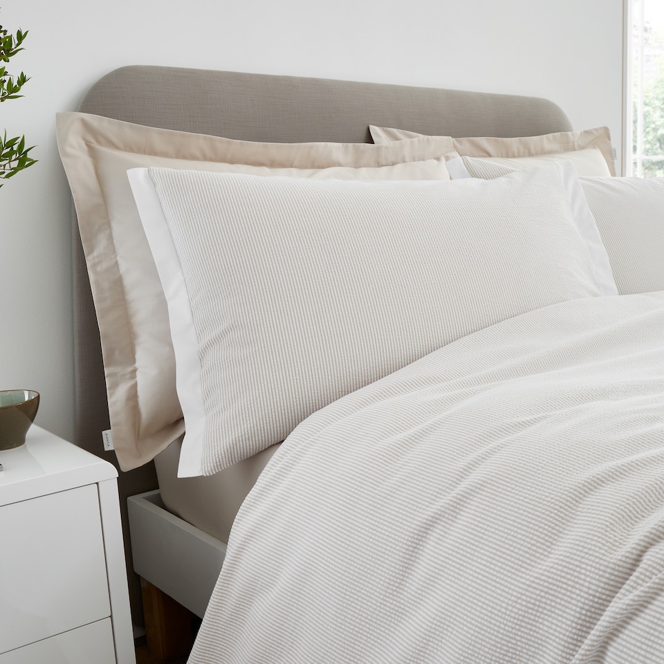 image 1 of Bianca Seersucker Woven Stripe 180 Thread Count Cotton Duvet Cover Set | Cream | Natural | Single