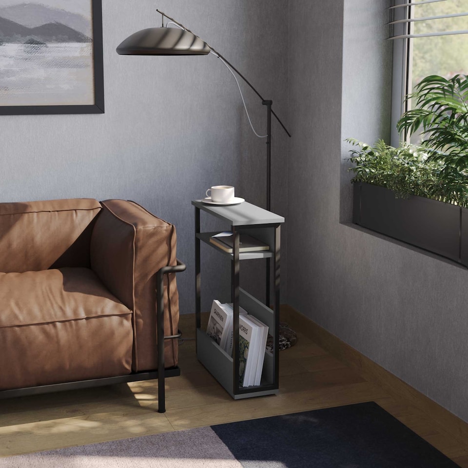 image 1 of 3 Tier Slim Coffee Side Table Newspaper Magazine Shelf Rack Bedside Sofa End | Grey | Grey | H-62.5cm | 1