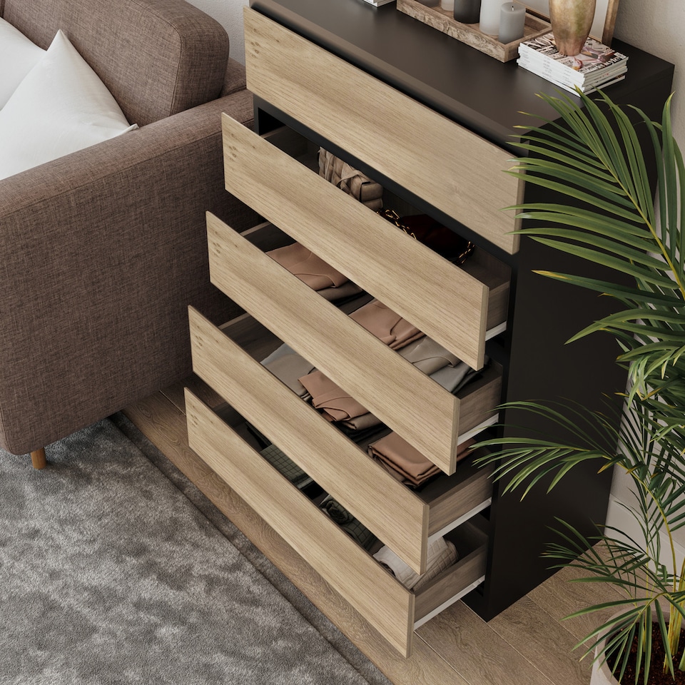 image 1 of Minimalist Chest of 5 Drawers 108.5x70x35 | Black | Black & Oak | 1