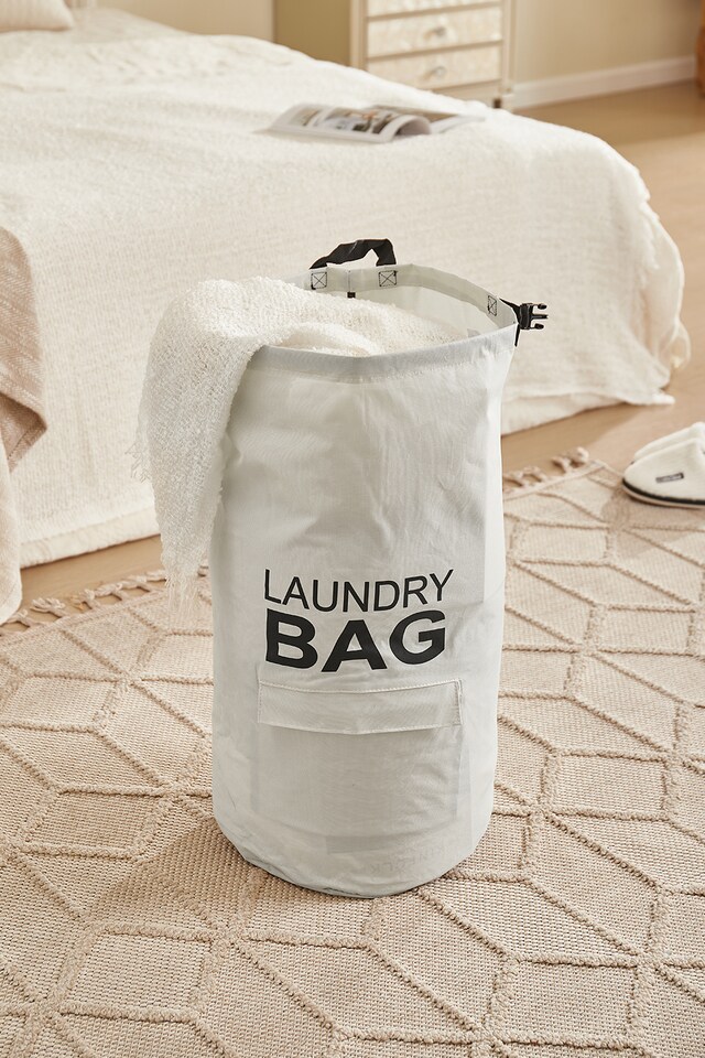 image 1 of Living and Home Adjustable Straps Laundry Backpack Bag, Portable Storage Clothes Bag | White