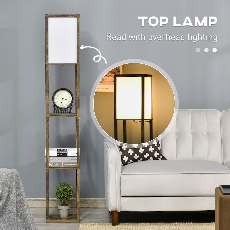 image 1 of HOMCOM Floor Lamp Reading Lamp with 3-Tier Storage Shelf for Home Office Brown