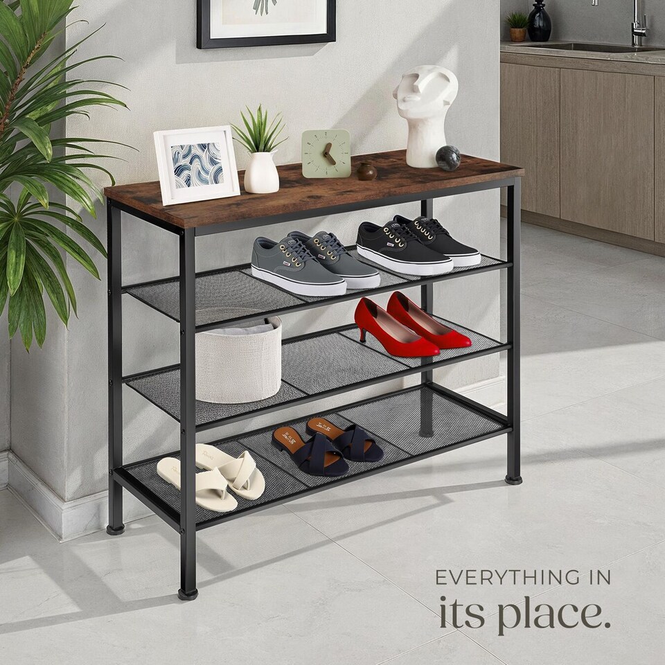 image 1 of Shoe Rack Newport - surface shelf and 3 grid shelves, industrial style | Brown | Industrial wood dark, rustic | 80,50 x 30,50 x 72,50 cm | 1