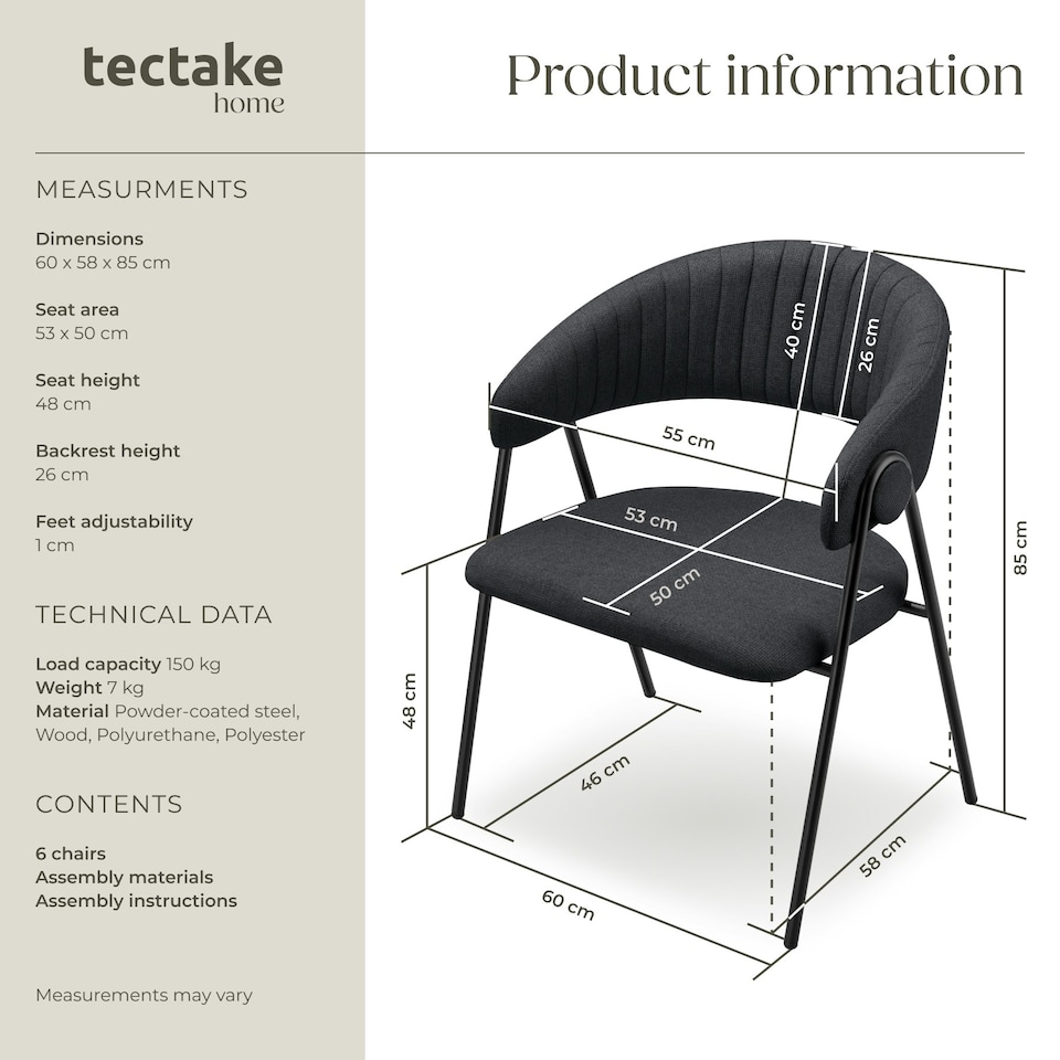 image 1 of Dining Chair Bedano - woven fabric, padded, 150 kg load capacity - Set of 6 Black