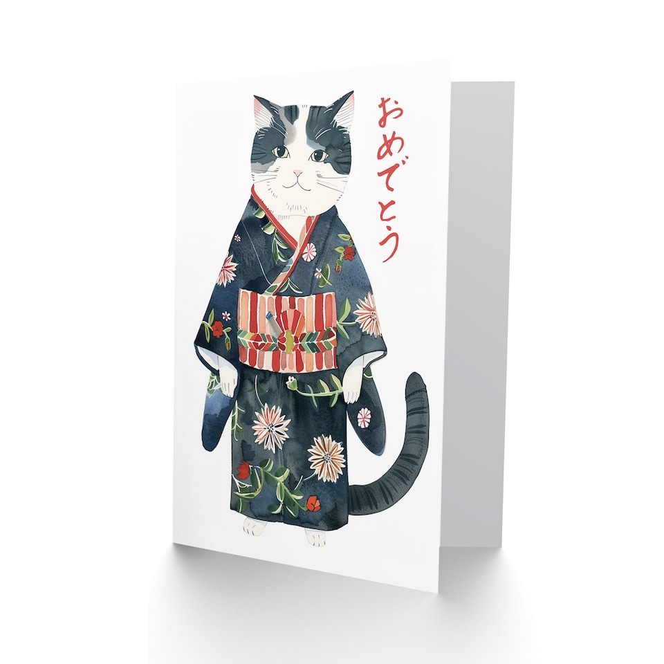 image 1 of Floral Japanese Kimono Pet Portrait Cat Lover Birthday Card
