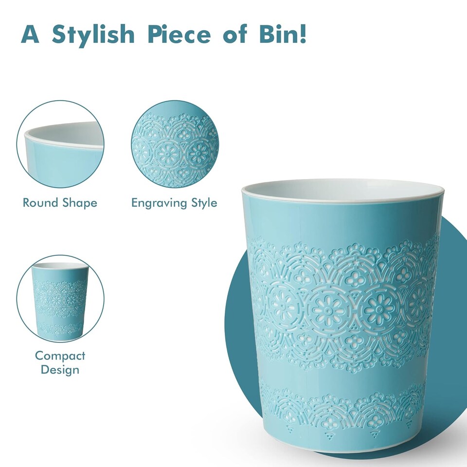 image 1 of Blue Canyon Blue Flora 9L Waste Bin Stylish Plastic Rubbish Container for Office Kitchen Bathroom and Home Use