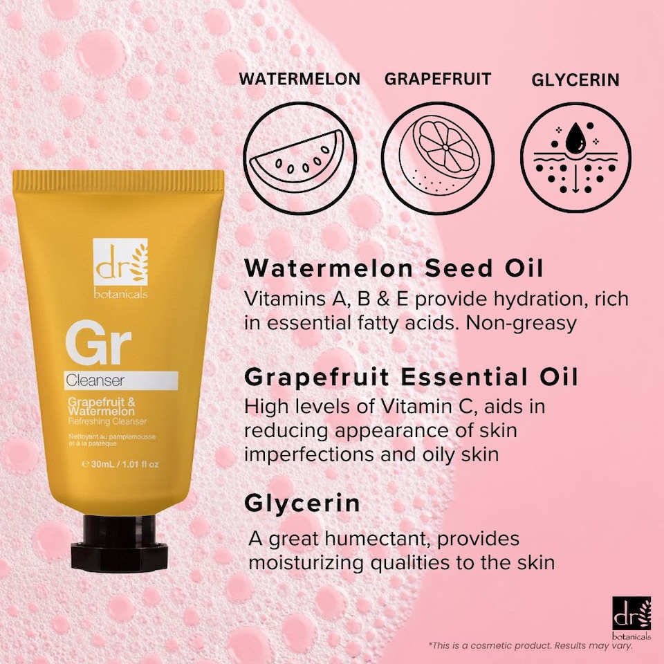 image 1 of Dr. Botanicals Grapefruit & Watermelon Anti-Ageing Refreshing Cleanser 30ml for Fine Lines, Wrinkles, Brightening