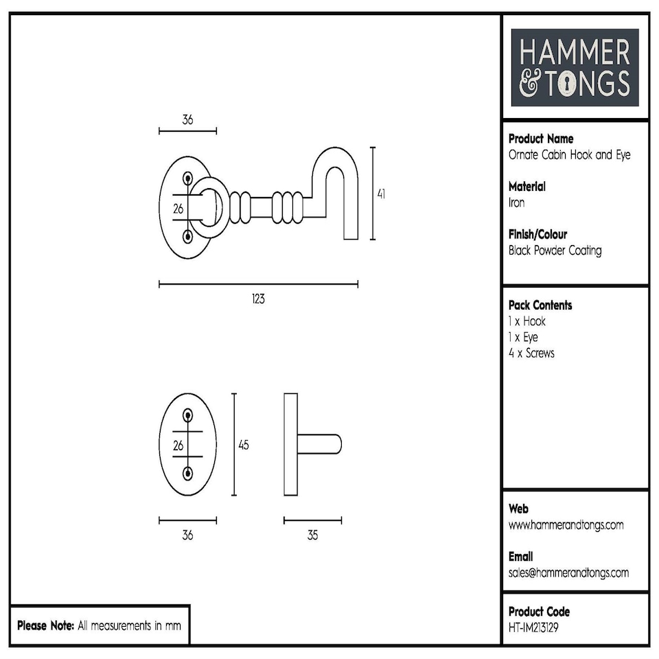 image 1 of Hammer & Tongs Ornate Cabin Hook and Eye - W125mm - Black