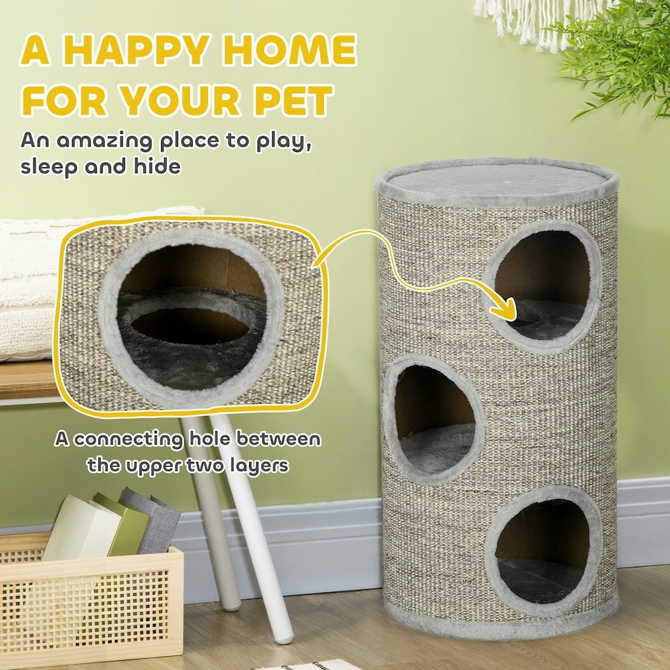 image 1 of PawHut Cat Barrel Tree Tower with Sisal, Cosy Platform, Light Grey