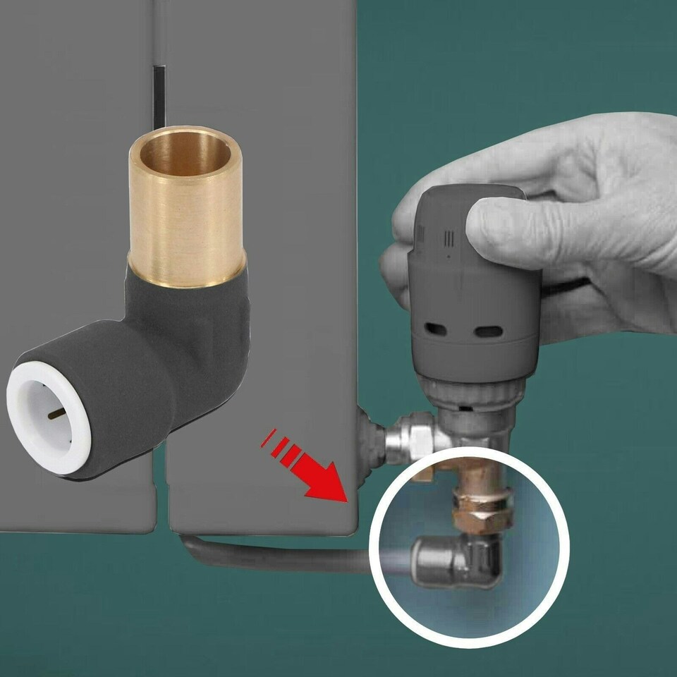 image 1 of SPARES2GO Radiator Valve Reducing Elbow Stem Compression 15mm x 10mm Pushfit Black (Pack of 4)