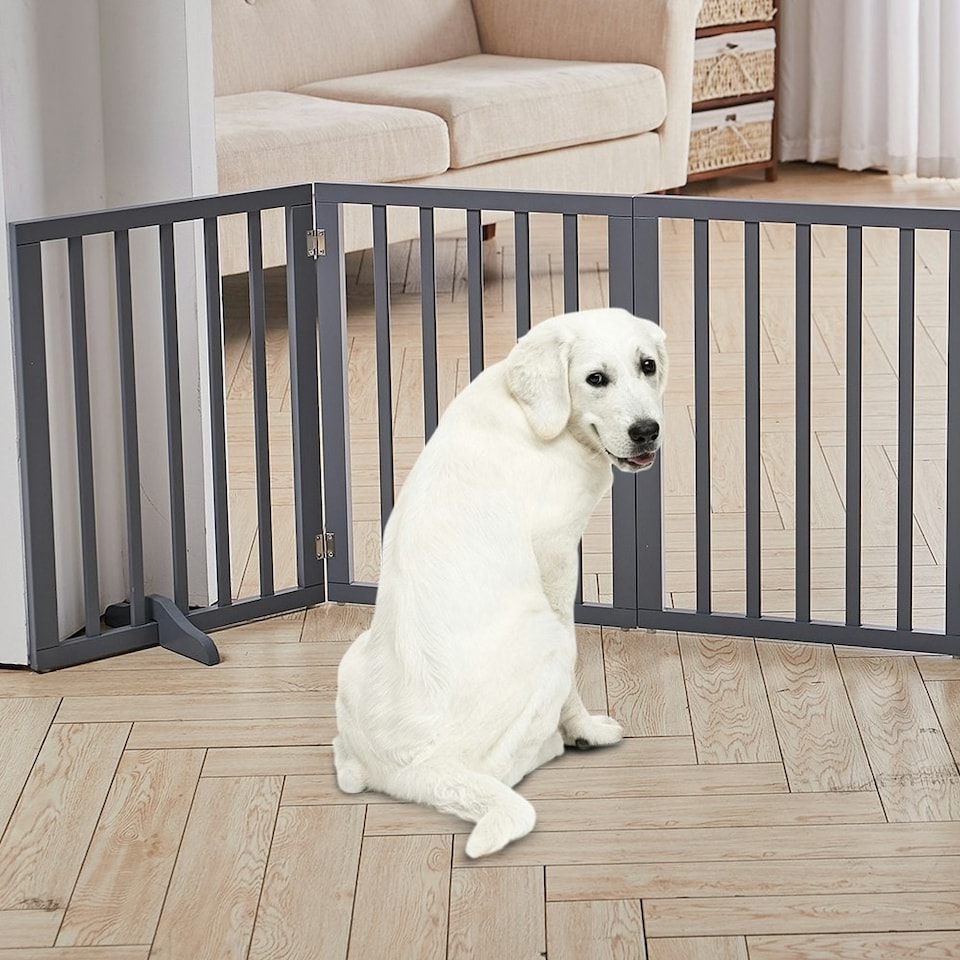 image 1 of Living and Home Wooden Foldable Freestanding 3 Panel Pet Gate - Grey